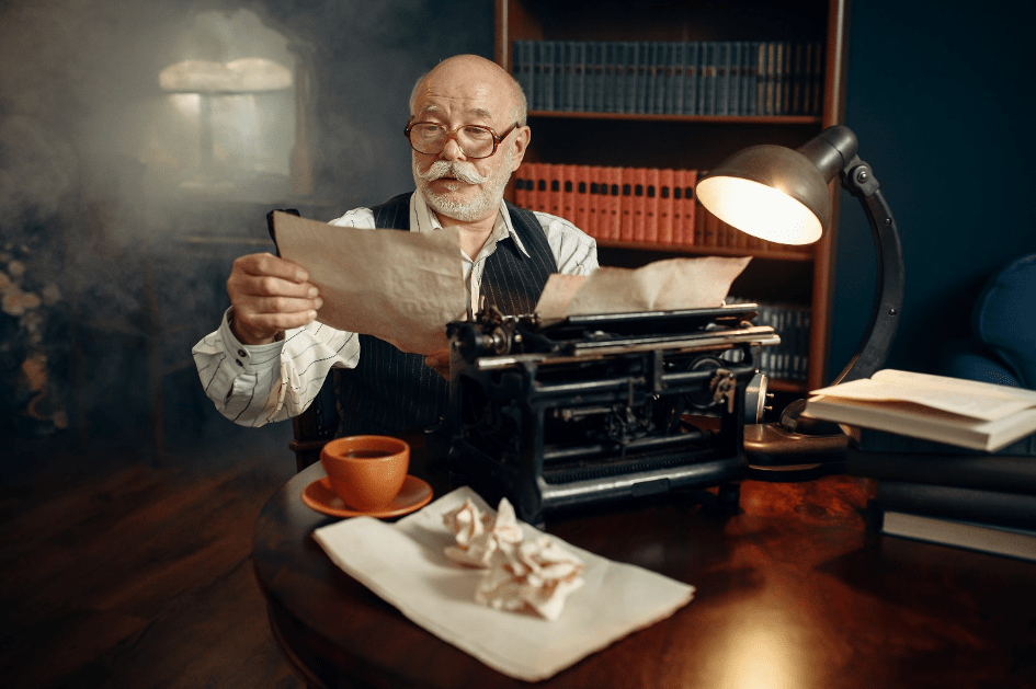 Älterer Älterer Herr an Schreibmaschine